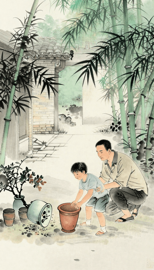 亲子互动素材：古风水墨：庭院中父亲的言传身教