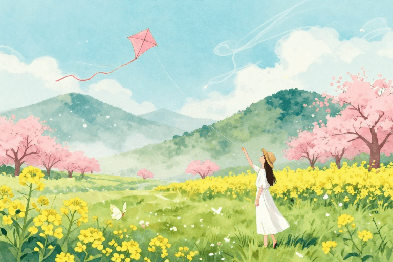 女性视角素材：春日田园水彩画：风筝与花海的静谧梦境