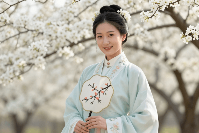 传统美学素材：青衫汉服·梨花映笑：传统美学人像摄影