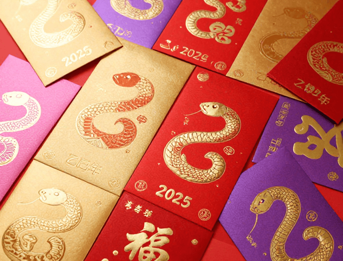立体浮雕素材：蛇年新春：多彩烫金红包堆叠呈现吉祥氛围