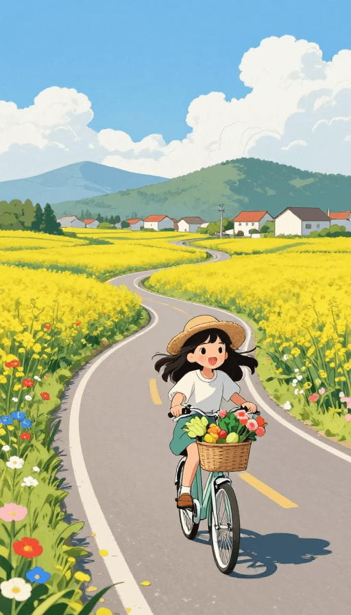 治愈系漫画素材：治愈田园骑行：少女与花海共赴夏日乡间