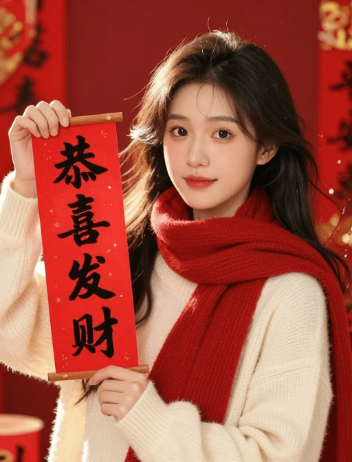 传统文化元素素材：春节喜庆美人手持对联贺岁风光大片