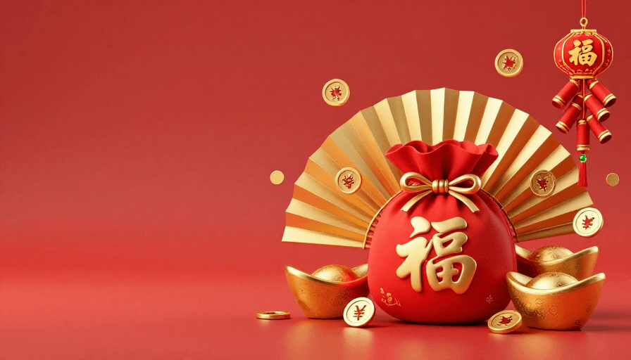 3D渲染素材：喜庆春节3D福袋金元宝海报背景