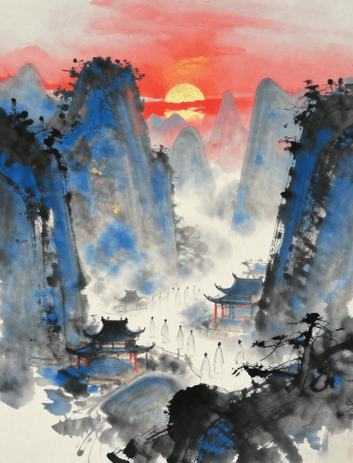 晨雾光影素材：晨雾古寺·水墨禅意：僧侣讲述幽蓝故事