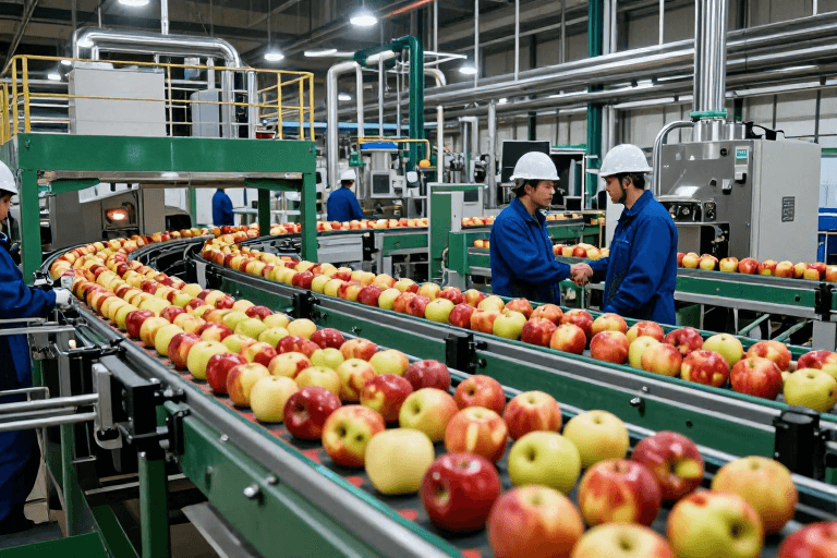 HDR效果素材：现代工业苹果加工生产线实拍场景