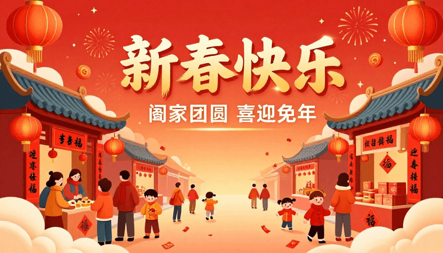 节日活动素材：中国风新年喜庆插画：团圆兔年海报