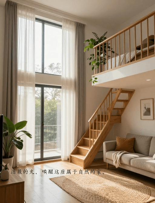 房地产广告素材：晨光唤醒复式公寓：自然与现代的温馨居所