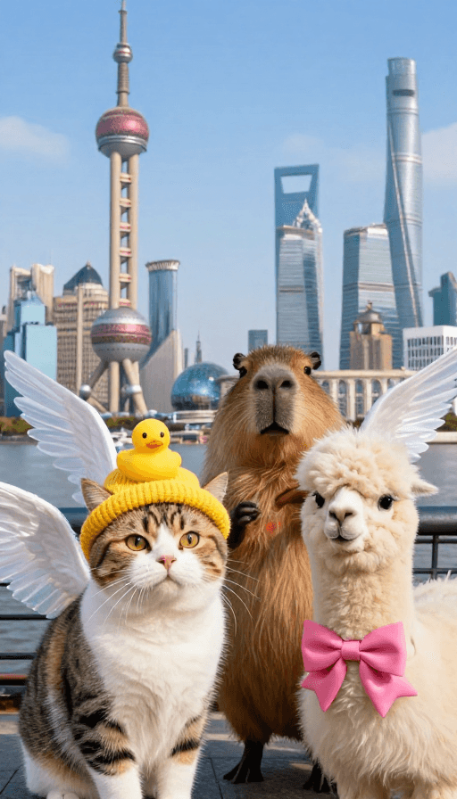 现代都市素材：奇幻旅行伙伴：都市光影中的可爱萌宠
