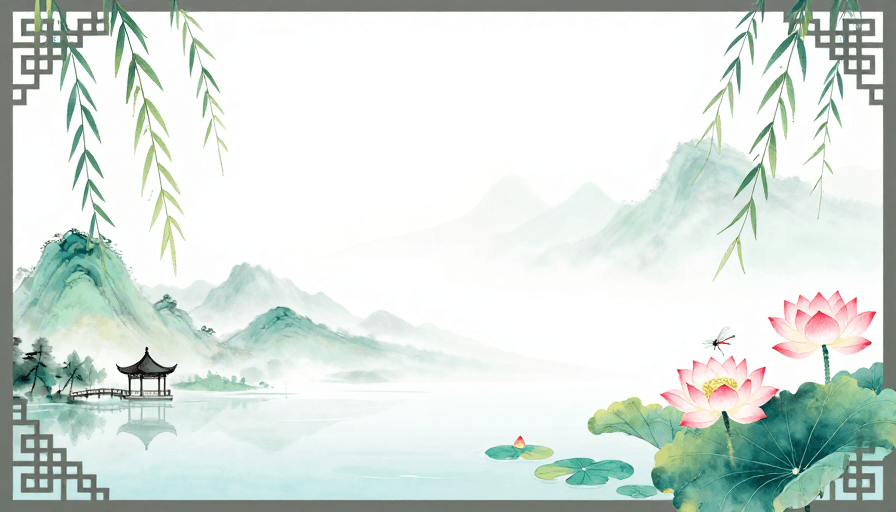 自然元素素材：青绿淡粉水墨山水，留白典雅意境背景图