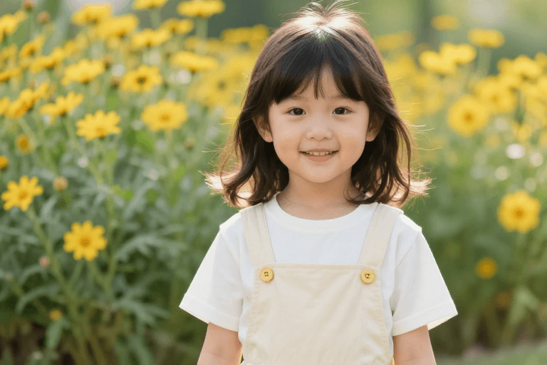 柔光逆光素材：日系清新：微笑少女与雏菊花海的温馨瞬间