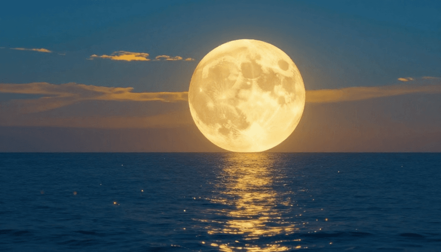金辉满月素材：金辉满月悬静海：梦幻夜景摄影