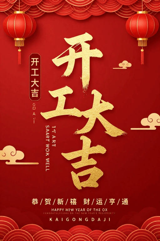 文化设计素材：红金中国风新年开工大吉喜庆海报