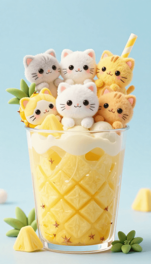 产品展示素材：超萌奶猫与菠萝奶的甜蜜瞬间