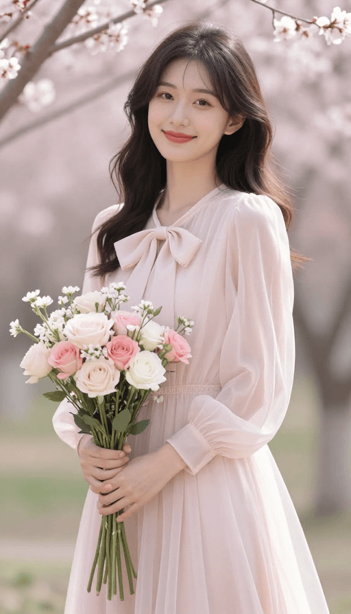 户外拍摄素材：春日芳华：时尚雪纺裙少女如花绽放