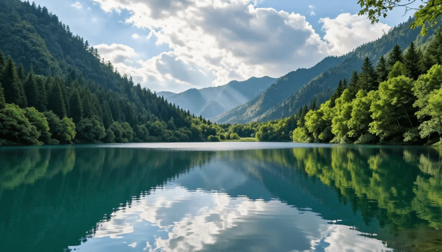 自然广告素材：高山湖泊静谧美景：丁达尔光下的自然画卷