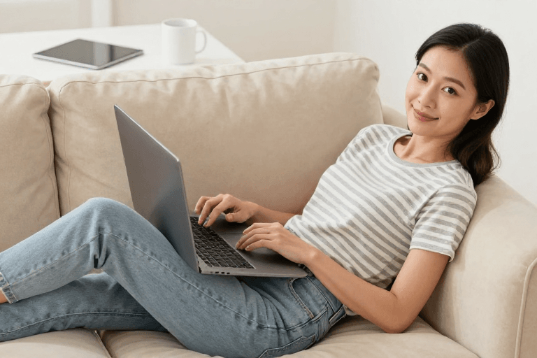 女性人像摄影素材：亚洲女性居家办公微笑时刻：暖光与舒适的理想生活场景