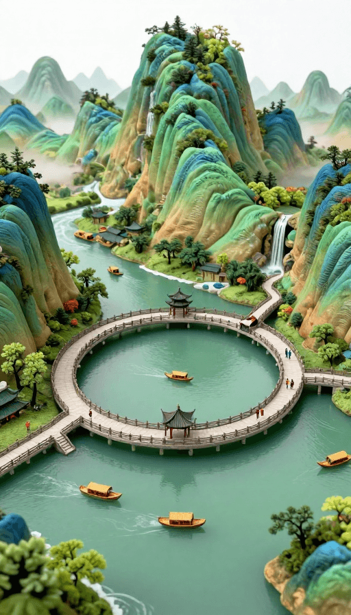 中国传统素材：奇幻山水画卷：传统中式微缩景观中的世外桃源