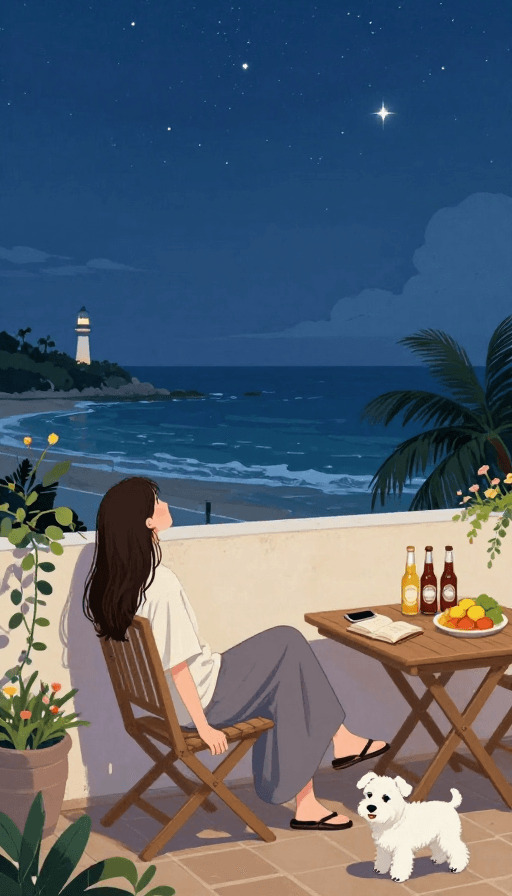 插画风格素材：深夜露台：星光下的悠闲海畔时光