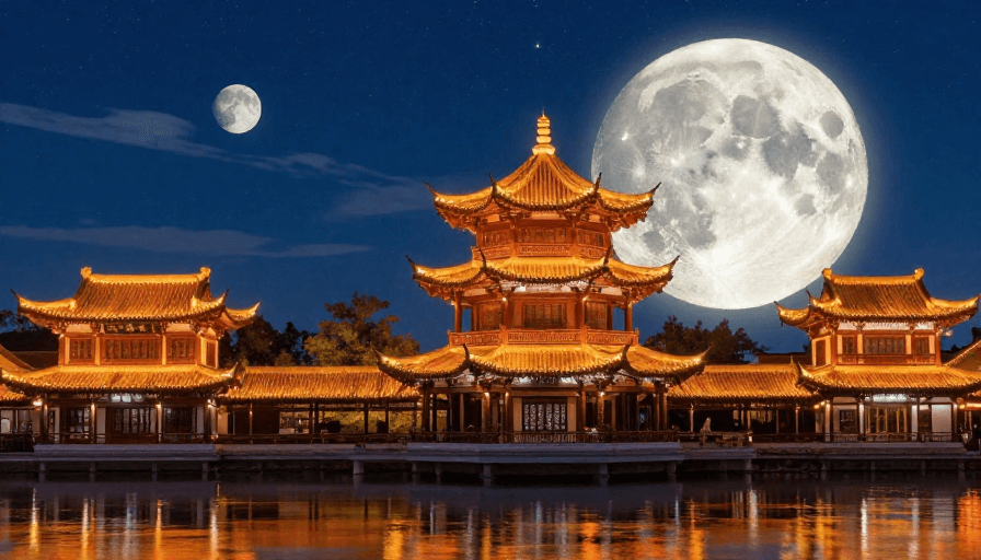 星空背景素材：古塔映月，夜色华章：中式建筑夜景