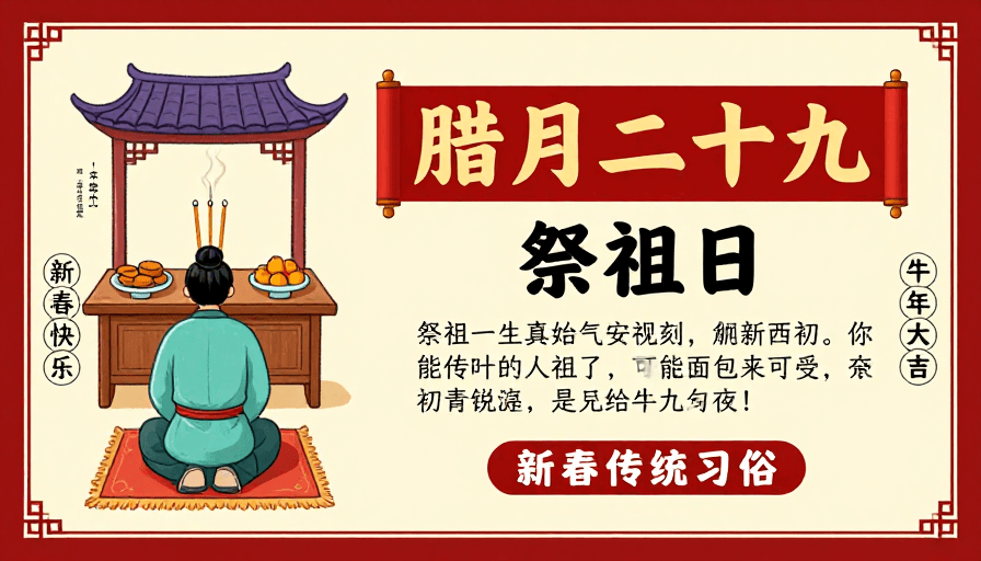 春节插画素材：传统祭祖习俗插画：腊月二十九春节氛围