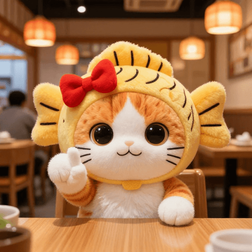 毛绒玩具素材：萌趣猫咪与鲷鱼烧：暖光日式餐厅摄影