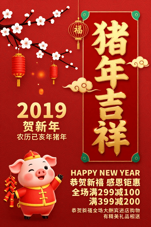 促销广告素材：喜庆猪年新海报：传统与现代交融的贺岁宣传图