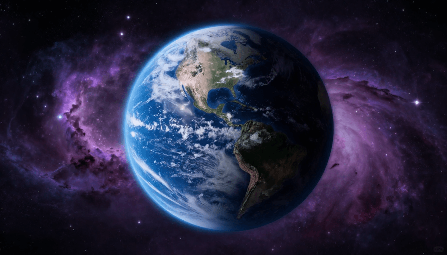 科幻风格素材：蓝白云层映星空：冷调地球双半球摄影