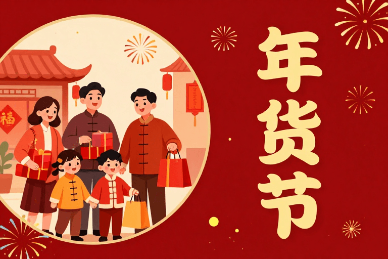 春节元素素材：红火年货节：温馨家庭购物插画海报