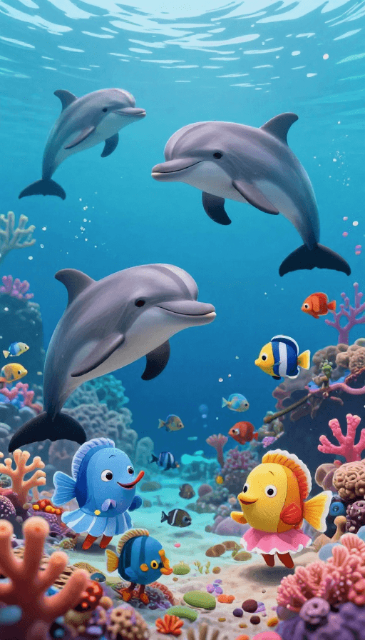 装饰背景素材：梦幻童话海洋：拟人化生物珊瑚嬉戏场景