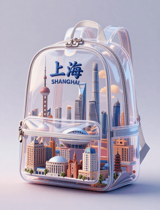 上海地标素材：透明上海旅行背包微缩幻景