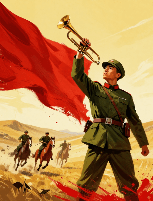 插画艺术素材：革命浪漫主义战士吹号，红旗与骑兵奋进的史诗瞬间
