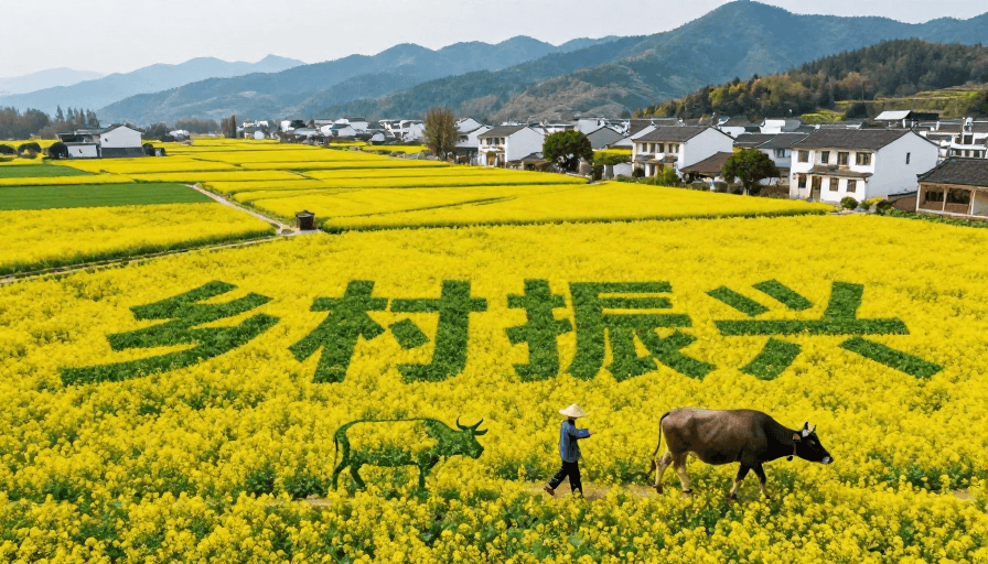 乡村振兴素材：油菜花田绘‘乡村振兴’农人牵牛现和谐美景