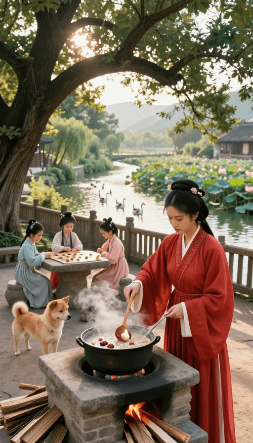 实拍写真素材：古韵养生：红衣女子与红枣山药粥的晨光田园录