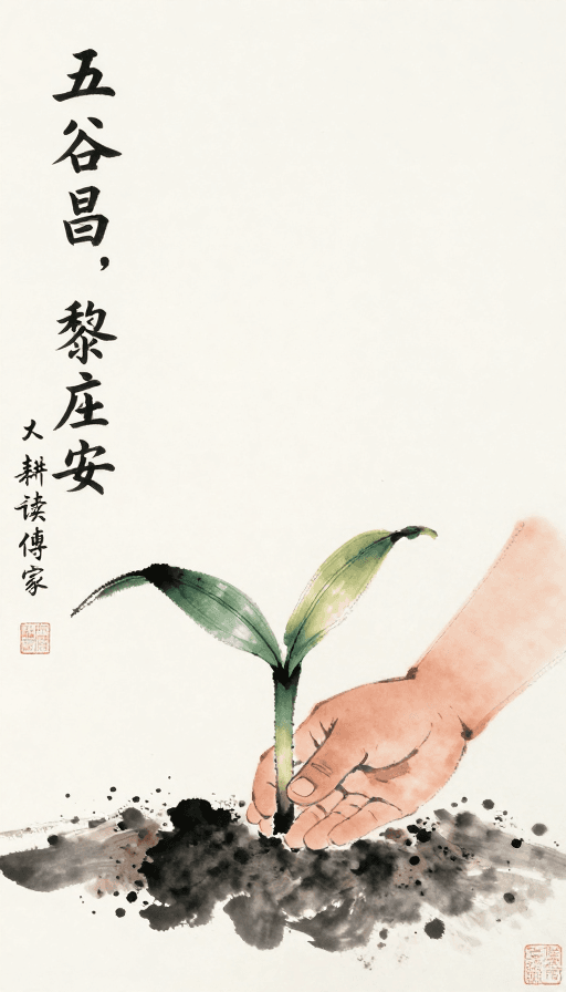 农业主题素材：水墨童趣：孩童植苗，五谷丰登的生生不息