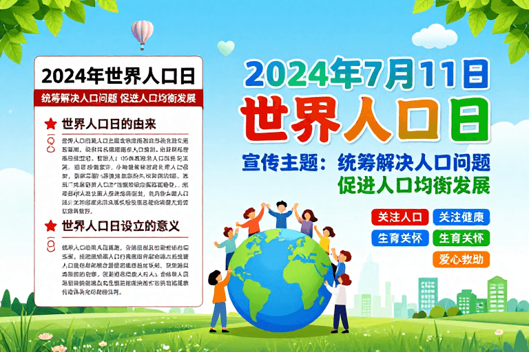 蓝绿渐变素材：2024世界人口日：生态共融·人文关怀公益海报
