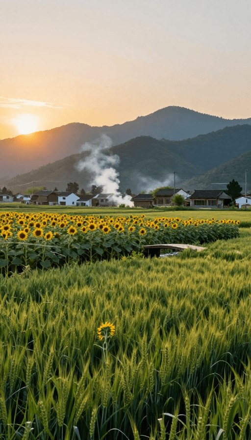向日葵花海素材：绝美田园风光：麦田向日葵与炊烟的4K夕阳摄影