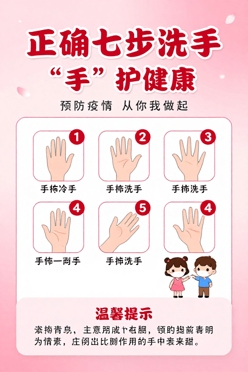 教育海报素材：七步洗手法：清新插画守护健康