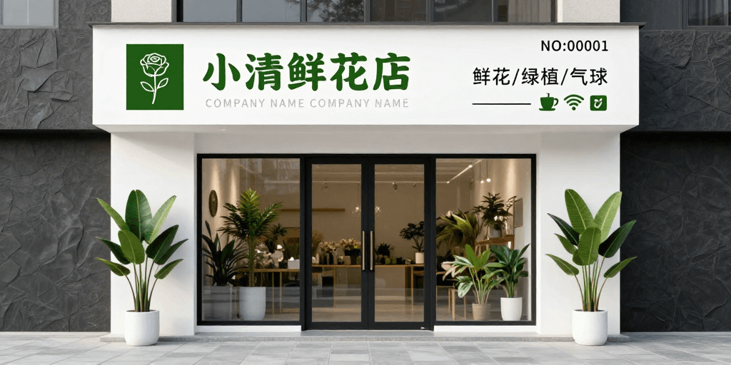 花店设计素材：现代简约白色绿调花店门头设计图