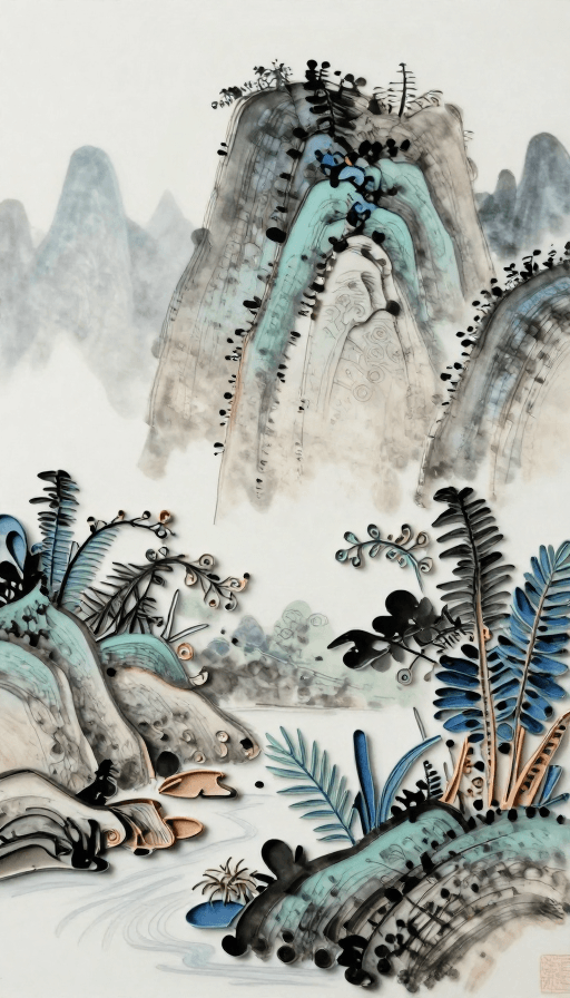 水墨风素材：瓷面衍纸景泰蓝水墨山水抽象艺术图