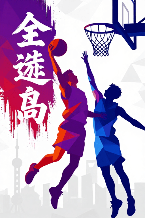 城市天际线素材：低多边形篮球对决：都市霓虹光影中的竞技瞬间