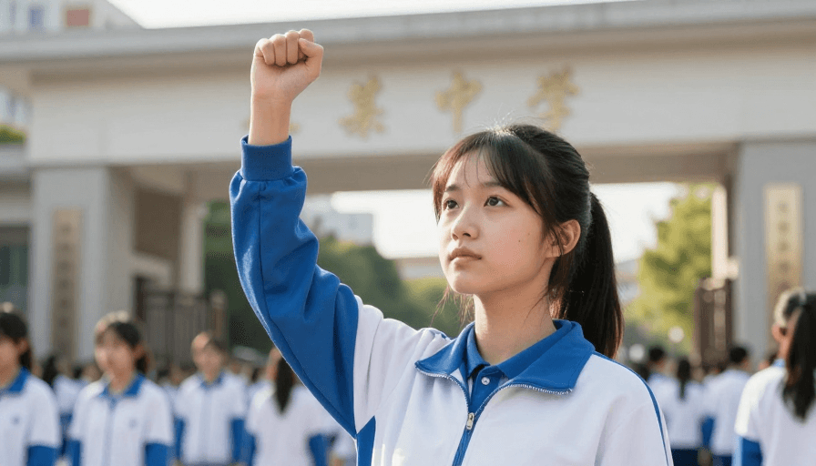 自然光素材：青春坚毅：女学生校服握拳励志摄影