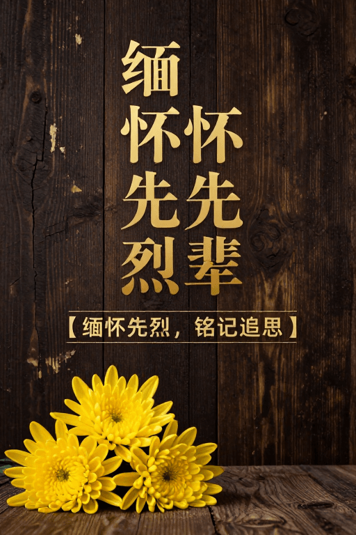 庄重风格素材：金色浮雕字缅怀先烈 菊花点缀肃穆木纹背景