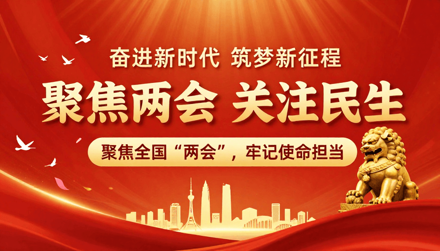 党政风格素材：聚焦两会 关注民生：庄严热烈的党政宣传海报
