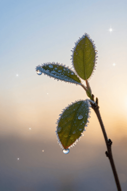 梦幻光斑素材：冬日晨曦微距：覆霜嫩枝的冰晶诗意