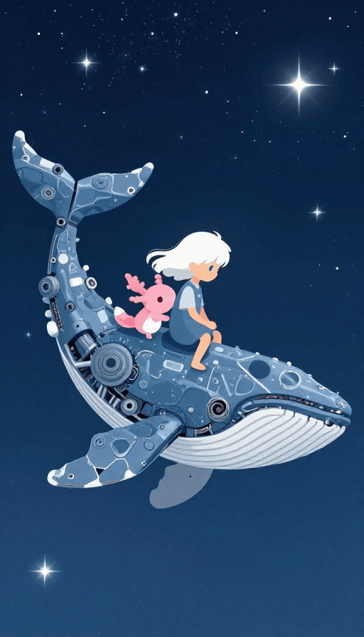 星空背景素材：机械鲸鱼载星夜梦：梦幻绘本风童趣插画