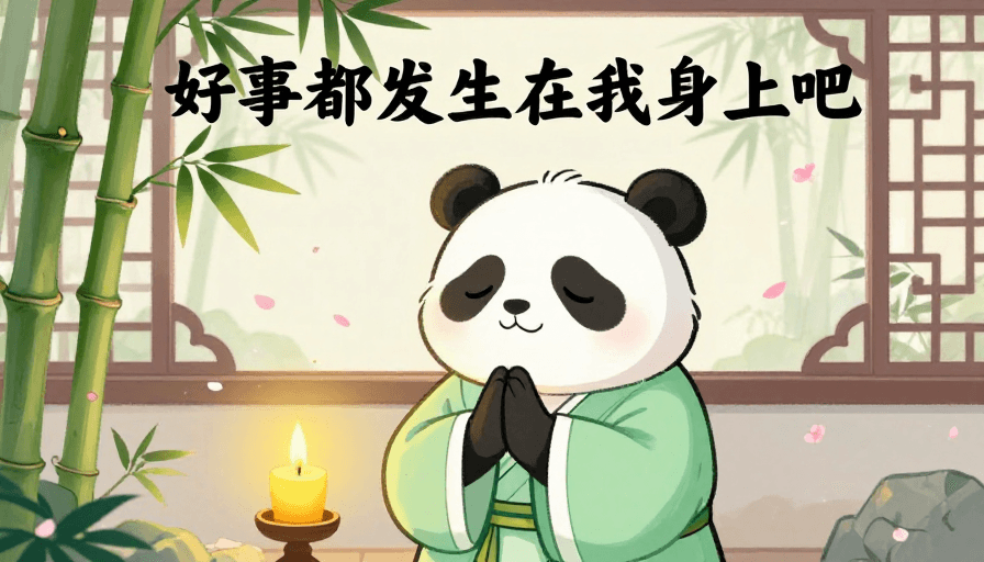好运祝福素材：古风熊猫祈愿图：淡绿古装与桃花烛光中的美好期许