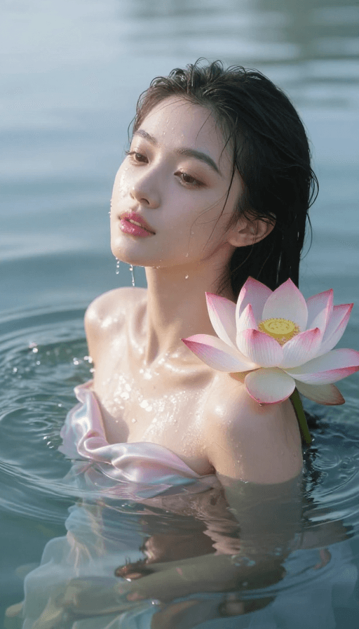水下摄影素材：晨辉湖影：少女透明肌肤与荷花共舞