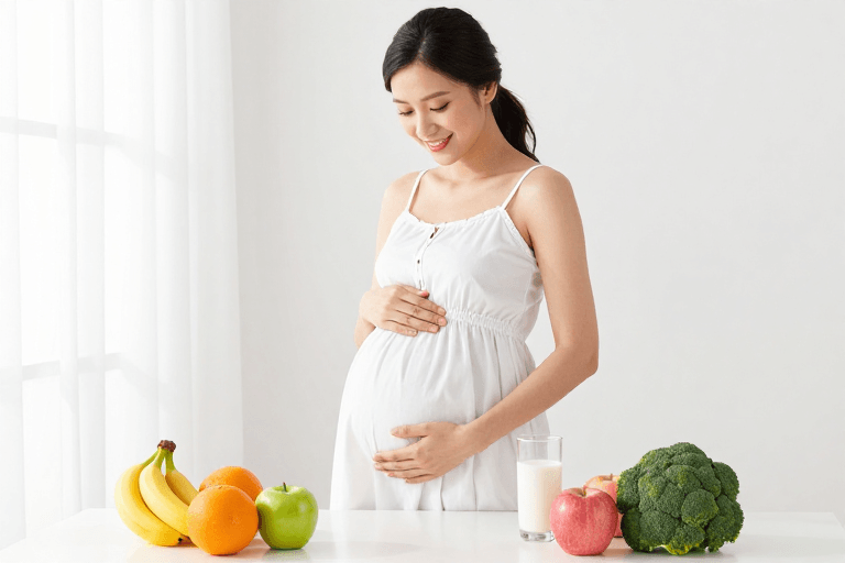 高质感摄影素材：孕期营养典范：孕妇与蔬果美食的温馨画面
