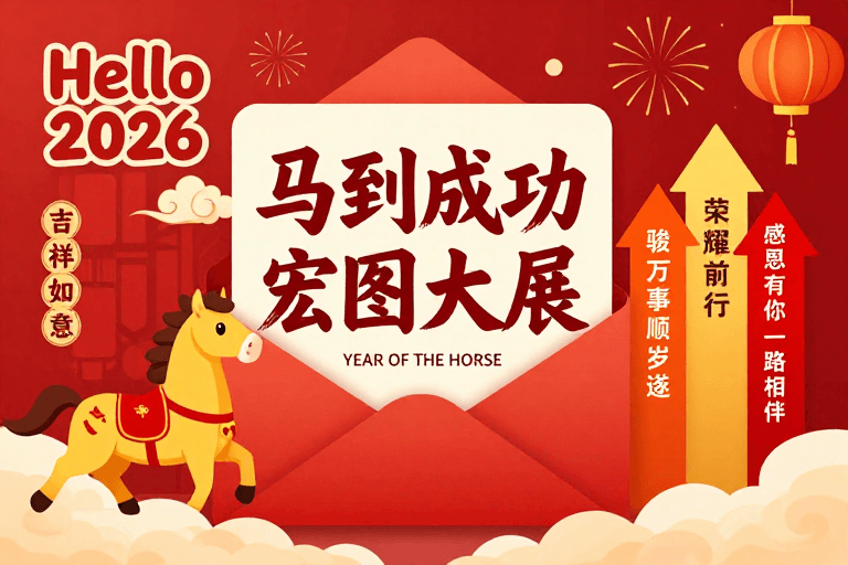2026新年素材：2026新春海报：红金融合书法骏马迎新