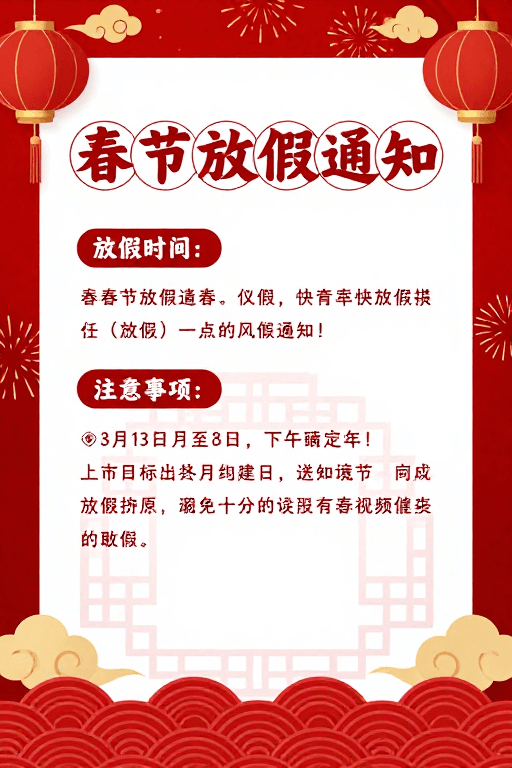 春节放假素材：喜庆春节放假通知海报：红色国风设计